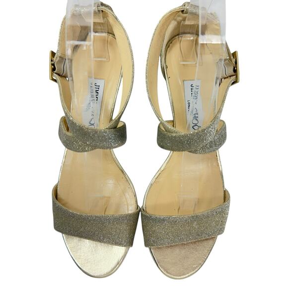 Jimmy Choo Chiara Sandal Size 39 /9 Cross Strap Open Metallic Gold Glitter Wedge - Picture 5 of 14